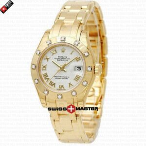 Rolex Datejust Pearlmaster 18k Gold White Dial Diamond Bezel | Swiss Replica Watch