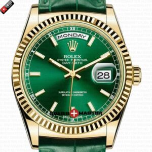 Rolex Day-Date 18k Gold Green Dial Fluted Bezel Leather Strap | Swiss Replica Watch
