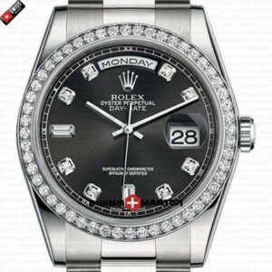 Rolex Day-Date Black Dial Diamond Markers Diamond Bezel 18k white Gold | Swiss Replica Watch
