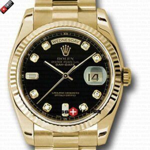 Rolex Day-Date Black Dial Diamond Markers Fluted Bezel 18k Gold | Swiss Replica Watch