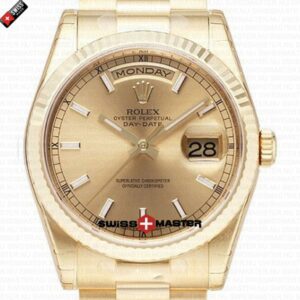 Rolex Day-Date White Dial Diamond Markers Fluted Bezel 18k Gold | Swiss Replica Watch