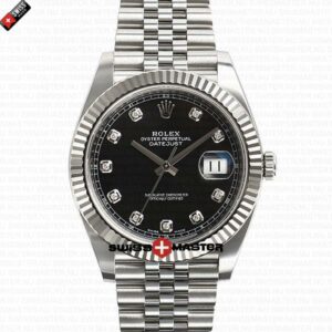 Rolex Datejust 41mm 18k White Gold Jubilee Fluted Bezel Black Dial Diamond Markers | Swiss Replica Watch