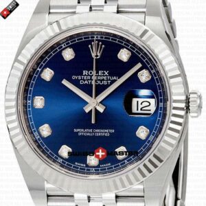 Rolex Datejust 41mm 18k White Gold Jubilee Fluted Bezel Blue Dial Diamond Markers | Swiss Replica Watch