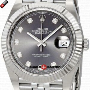 Rolex Datejust 41mm 18k White Gold Jubilee Fluted Bezel Rhodium Grey Dial Diamond Markers | Swiss Replica Watch