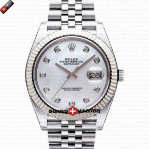 Rolex Datejust 41mm 18k White Gold Jubilee Fluted Bezel MOP White Dial Diamond Markers | Swiss Replica Watch