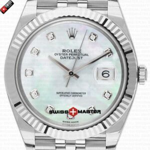 Rolex Datejust 41mm 18k White Gold Jubilee Fluted Bezel MOP White Dial Diamond Markers | Swiss Replica Watch