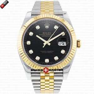 Rolex Datejust 41mm 18k 2-Tone Yellow Gold Jubilee Fluted Bezel Black Dial Diamond Markers | Swiss Replica Watch