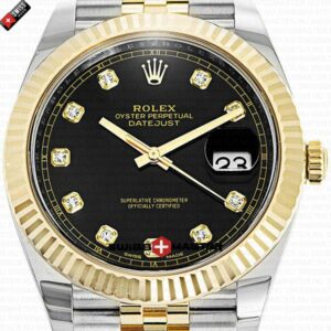 Rolex Datejust 41mm 18k 2-Tone Yellow Gold Jubilee Fluted Bezel Black Dial Diamond Markers | Swiss Replica Watch