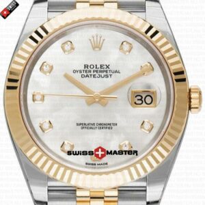 Rolex Datejust 41mm 18k Yellow Gold Jubilee Fluted Bezel MOP White Dial Stick Markers | Swiss Replica Watch