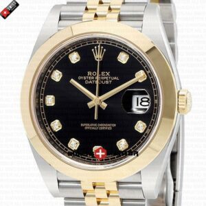 Rolex Datejust 41mm 18k 2-Tone Yellow Gold Jubilee Smooth Bezel Black Dial Diamond Markers | Swiss Replica Watch