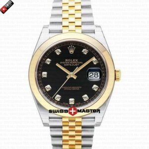 Rolex Datejust 41mm 18k 2-Tone Yellow Gold Jubilee Smooth Bezel Black Dial Diamond Markers | Swiss Replica Watch