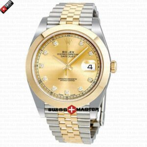 Rolex Datejust 41mm 18k 2-Tone Yellow Gold Jubilee Smooth Bezel Gold Dial Diamond Markers | Swiss Replica Watch