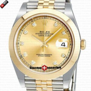 Rolex Datejust 41mm 18k 2-Tone Yellow Gold Jubilee Smooth Bezel Gold Dial Diamond Markers | Swiss Replica Watch