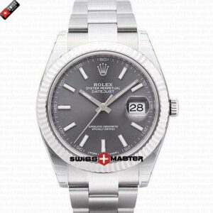 Rolex Datejust 41mm 18k White Gold Flat Three Piece Links Fluted Bezel Rhodium Grey Dial Stick Markers | Swiss Replica Watch