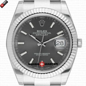 Rolex Datejust 41mm 18k White Gold Flat Three Piece Links Fluted Bezel Rhodium Grey Dial Stick Markers | Swiss Replica Watch