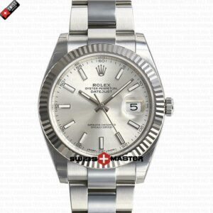 Rolex Datejust 41mm 18k White Gold Flat Three Piece Links Fluted Bezel Silver Dial Stick Markers | Swiss Replica Watch