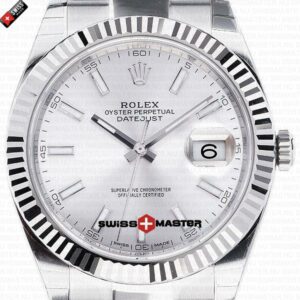 Rolex Datejust 41mm 18k White Gold Flat Three Piece Links Fluted Bezel Silver Dial Stick Markers | Swiss Replica Watch