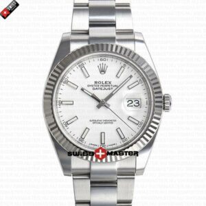 Rolex Datejust 41mm 18k White Gold Flat Three Piece Links Fluted Bezel White Dial Stick Markers | Swiss Replica Watch