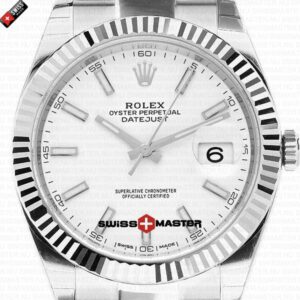 Rolex Datejust 41mm 18k White Gold Flat Three Piece Links Fluted Bezel White Dial Stick Markers | Swiss Replica Watch