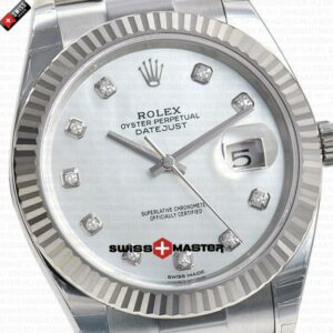 Rolex Datejust 41mm 18k 2-Tone White Gold Flat Three Piece Links Fluted Bezel MOP White Dial Diamond Markers | Swiss Replica Watch