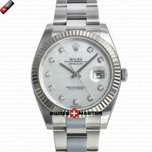 Rolex Datejust 41mm 18k 2-Tone White Gold Flat Three Piece Links Fluted Bezel MOP White Dial Diamond Markers | Swiss Replica Watch