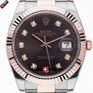 Rolex Datejust 41mm 18k 2-Tone Rose Gold Flat Three Piece Links Fluted Bezel Chocolate Dial Diamond Markers | Swiss Replica Watch