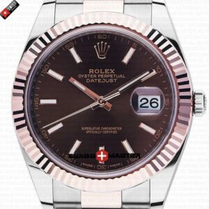 Rolex Datejust 41mm 18k 2-Tone Rose Gold Flat Three Piece Links Fluted Bezel Chocolate Dial Stick Markers | Swiss Replica Watch