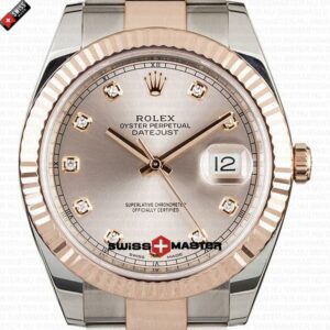 Rolex Datejust 41mm 18k 2-Tone Rose Gold Flat Three Piece Links Fluted Bezel Pink Dial Diamond Markers | Swiss Replica Watch