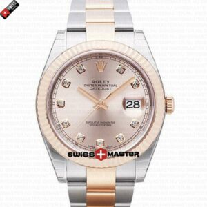 Rolex Datejust 41mm 18k 2-Tone Rose Gold Flat Three Piece Links Fluted Bezel Pink Dial Diamond Markers | Swiss Replica Watch