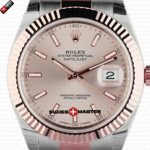 Rolex Datejust 41mm 18k 2-Tone Rose Gold Flat Three Piece Links Fluted Bezel Pink Dial Stick Markers | Swiss Replica Watch