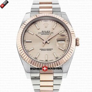 Rolex Datejust 41mm 18k 2-Tone Rose Gold Flat Three Piece Links Fluted Bezel Pink Dial Stick Markers | Swiss Replica Watch