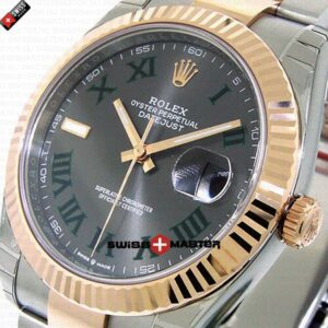 Rolex Datejust 41mm 18k 2-Tone Rose Gold Flat Three Piece Links Fluted Bezel Grey Roman Markers | Swiss Replica Watch