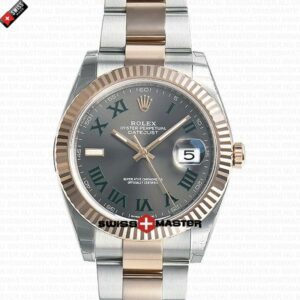 Rolex Datejust 41mm 18k 2-Tone Rose Gold Flat Three Piece Links Fluted Bezel Grey Roman Markers | Swiss Replica Watch