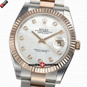 Rolex Datejust 41mm 18k 2-Tone Rose Gold Flat Three Piece Links Fluted Bezel MOP White Dial Diamond Markers | Swiss Replica Watch