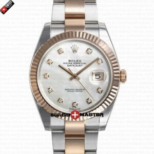 Rolex Datejust 41mm 18k 2-Tone Rose Gold Flat Three Piece Links Fluted Bezel MOP White Dial Diamond Markers | Swiss Replica Watch