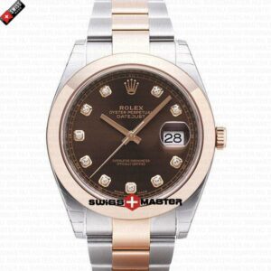 Rolex Datejust 41mm 18k 2-Tone Rose Gold Flat Three Piece Links Smooth Bezel Chocolate Dial Diamond Markers | Swiss Replica Watch