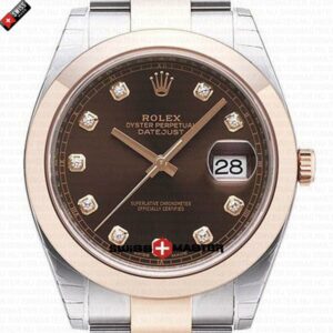 Rolex Datejust 41mm 18k 2-Tone Rose Gold Flat Three Piece Links Smooth Bezel Chocolate Dial Diamond Markers | Swiss Replica Watch