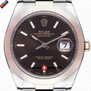 Rolex Datejust 41mm 18k 2-Tone Rose Gold Flat Three Piece Links Smooth Bezel Chocolate Dial Stick Markers | Swiss Replica Watch