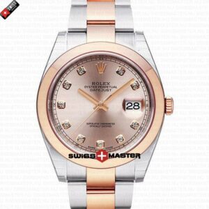 Rolex Datejust 41mm 18k 2-Tone Rose Gold Flat Three Piece Links Smooth Bezel Pink Dial Diamond Markers | Swiss Replica Watch