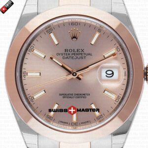 Rolex Datejust 41mm 18k 2-Tone Rose Gold Flat Three Piece Links Smooth Bezel Pink Dial Stick Markers | Swiss Replica Watch