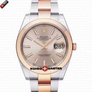 Rolex Datejust 41mm 18k 2-Tone Rose Gold Flat Three Piece Links Smooth Bezel Pink Dial Stick Markers | Swiss Replica Watch