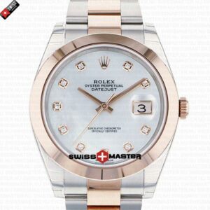 Rolex Datejust 41mm 18k 2-Tone Rose Gold Flat Three Piece Links Smooth Bezel MOP White Dial Diamond Markers | Swiss Replica Watch