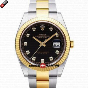 Rolex Datejust 41mm 18k 2-Tone Yellow Gold Flat Three Piece Links Fluted Bezel Black Dial Diamond Markers | Swiss Replica Watch