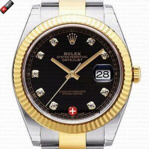 Rolex Datejust 41mm 18k 2-Tone Yellow Gold Flat Three Piece Links Fluted Bezel Black Dial Diamond Markers | Swiss Replica Watch