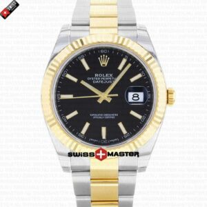 Rolex Datejust 41mm 18k 2-Tone Yellow Gold Flat Three Piece Links Fluted Bezel Black Dial Stick Markers | Swiss Replica Watch