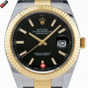 Rolex Datejust 41mm 18k 2-Tone Yellow Gold Flat Three Piece Links Fluted Bezel Black Dial Stick Markers | Swiss Replica Watch