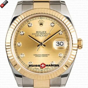 Rolex Datejust 41mm 18k 2-Tone Yellow Gold Flat Three Piece Links Fluted Bezel Gold Dial Diamond Markers | Swiss Replica Watch