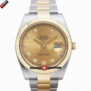 Rolex Datejust 41mm 18k 2-Tone Yellow Gold Flat Three Piece Links Fluted Bezel Gold Dial Diamond Markers | Swiss Replica Watch