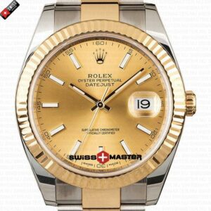 Rolex Datejust 41mm 18k 2-Tone Yellow Gold Flat Three Piece Links Fluted Bezel Gold Dial Stick Markers | Swiss Replica Watch