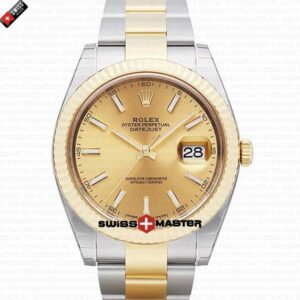 Rolex Datejust 41mm 18k 2-Tone Yellow Gold Flat Three Piece Links Fluted Bezel Gold Dial Stick Markers | Swiss Replica Watch